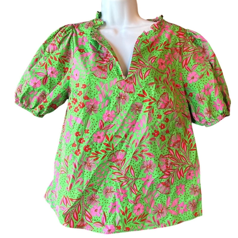 Sugarlips Floral Puff Sleeve Cotton Blouse Women's Size Small Green Pink